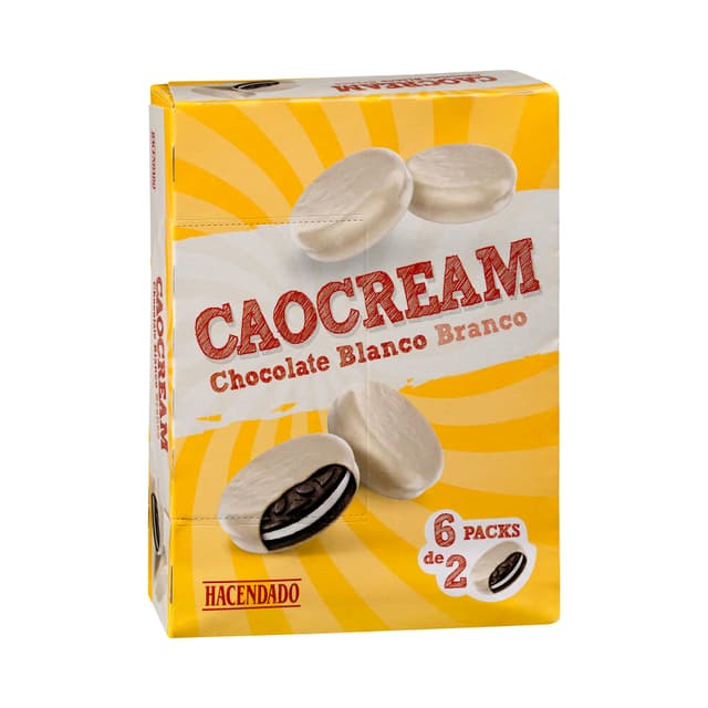 Galletas de cacao Caocream bañadas de chocolate blanco Hacendado rellenas de crema