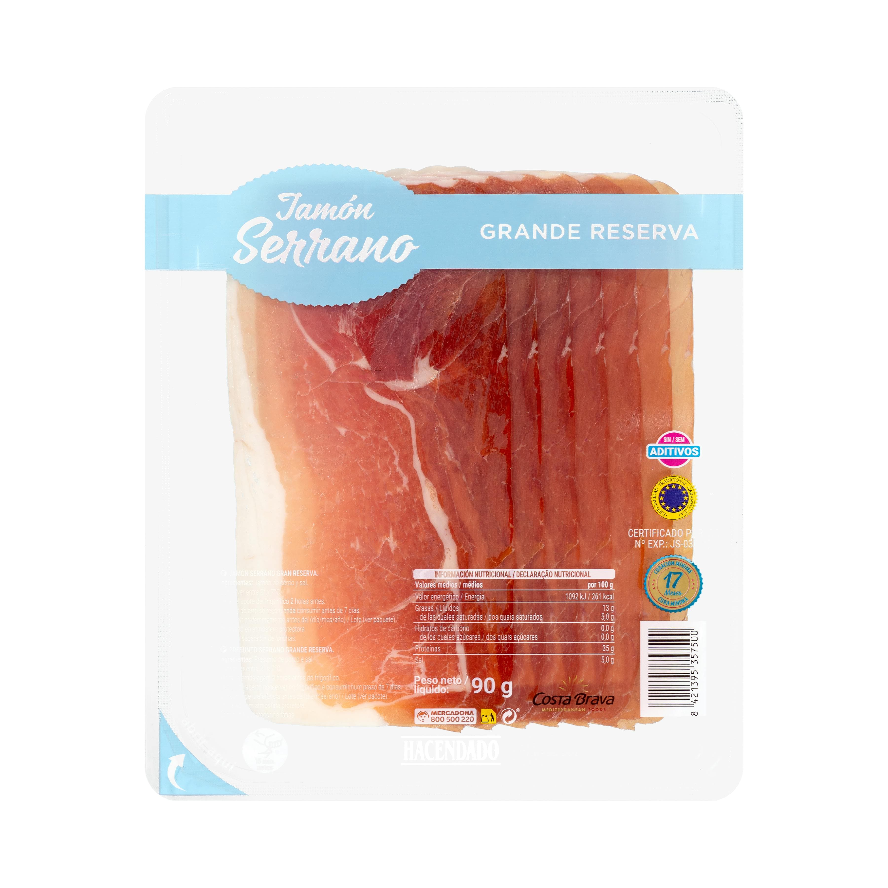 Jamón serrano gran reserva Costa Brava sin aditivos lonchas