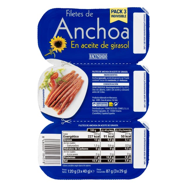 Filetes de anchoa en aceite de girasol Hacendado