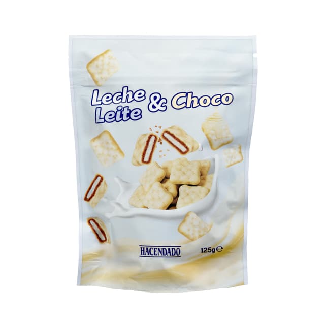 Cereales cubiertos de chocolate blanco rellenos con leche Hacendado
