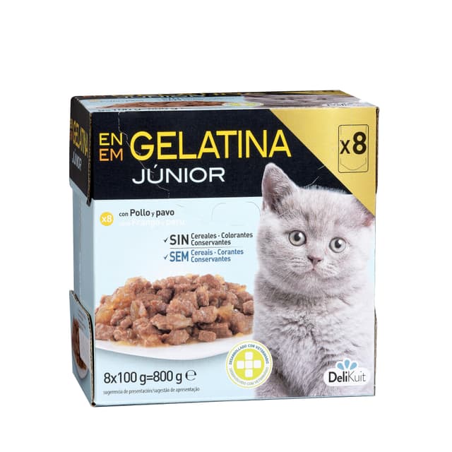 Bocaditos en gelatina gato júnior Delikuit con pollo y pavo