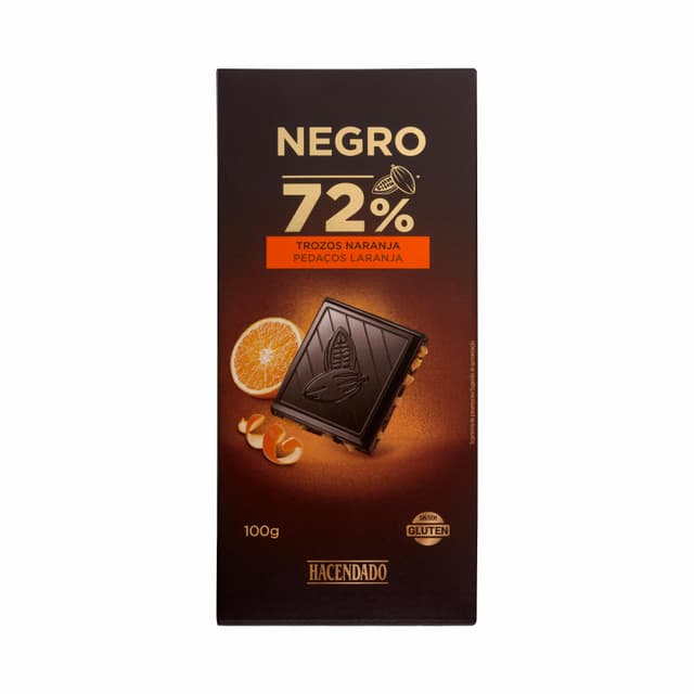 Chocolate negro 72% cacao Hacendado con trozos de naranja