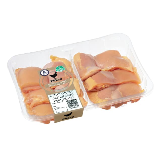 Contramuslos deshuesados y sin piel de pollo certificado alimentado con un 50% de maíz