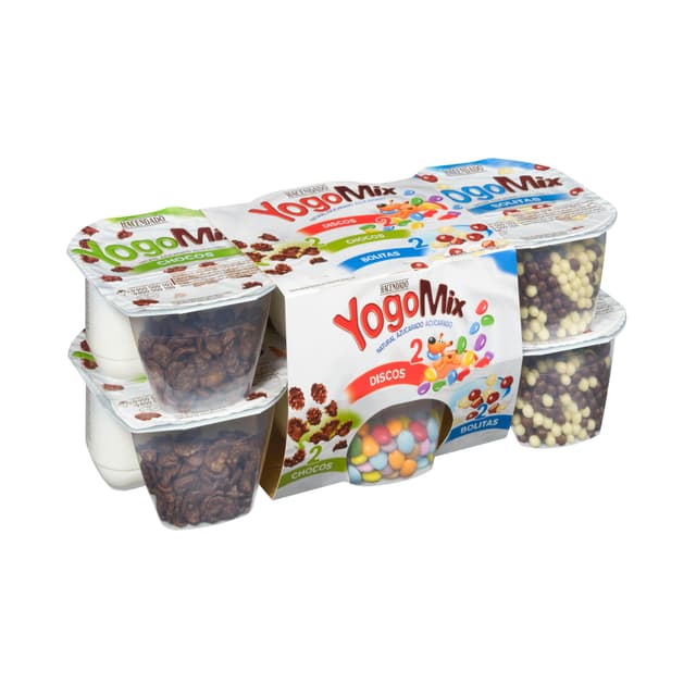 Yogur azucarado YogoMix Hacendado variado de copos maíz, bolitas y disquitos chocolateados
