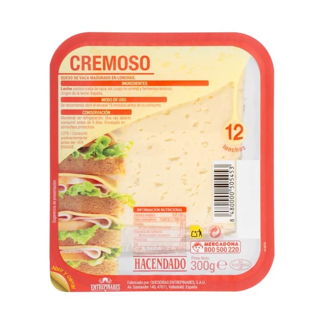 Queso lonchas cremoso de vaca Hacendado