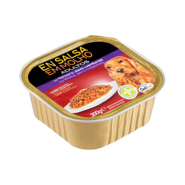 Trozos en salsa perro adulto Delikuit con ternera, pavo y verduras