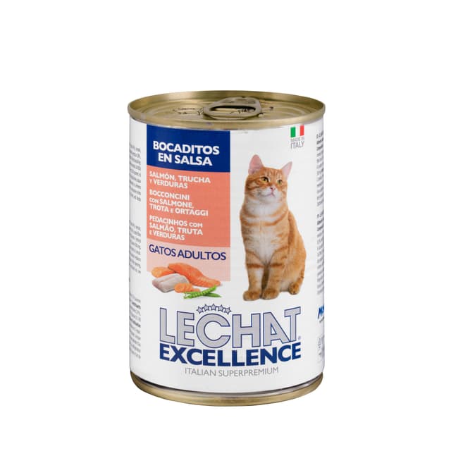 Bocaditos en salsa gato adulto Lechat Excellence con salmón, trucha y verduras