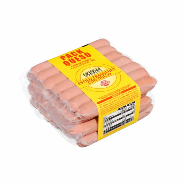 Salchichas cocidas estilo Frankfurt con queso Hacendado de pollo y cerdo sabor ahumado
