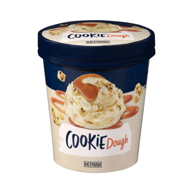 Helado cookie dough Hacendado vainilla con trozos de galleta y salsa de caramelo