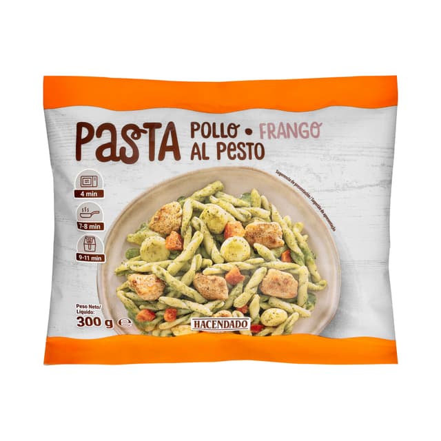Pasta con pollo al pesto Hacendado ultracongelada