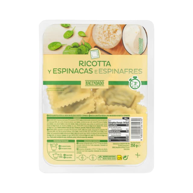 Pasta fresca ravioli rellena de ricotta y espinacas Hacendado