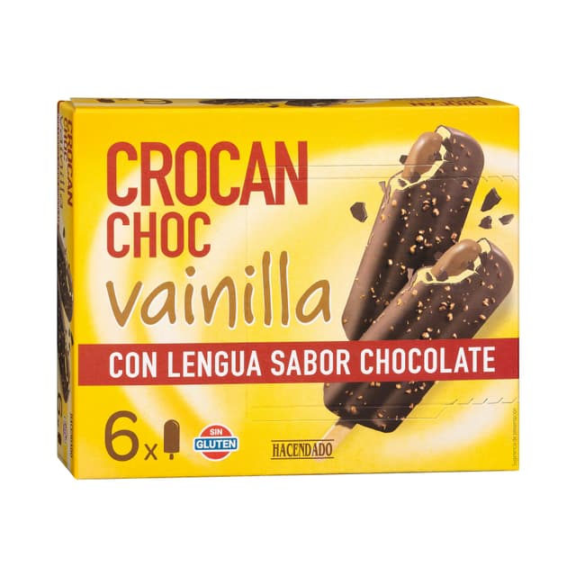 Helado crocan choc vainilla Hacendado con lengua sabor chocolate