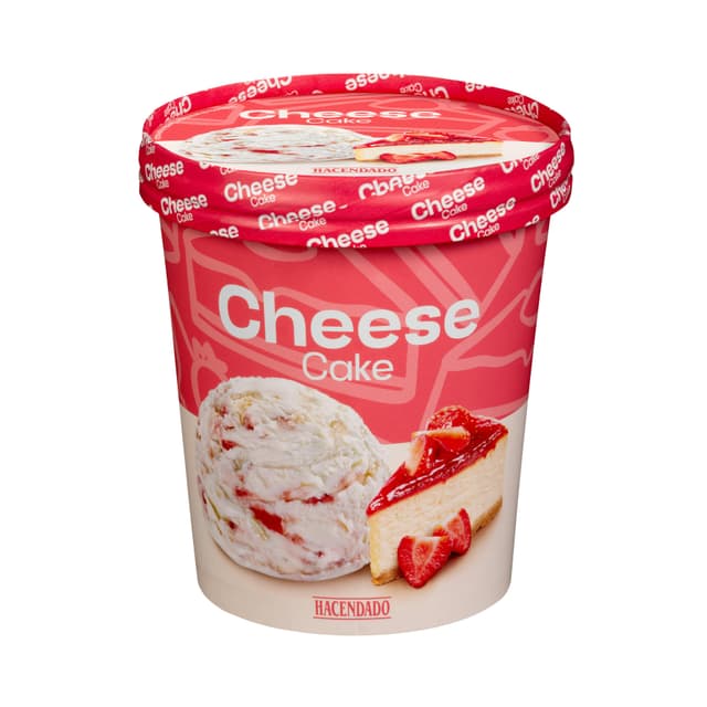 Helado de cheesecake Hacendado con salsa de fresa